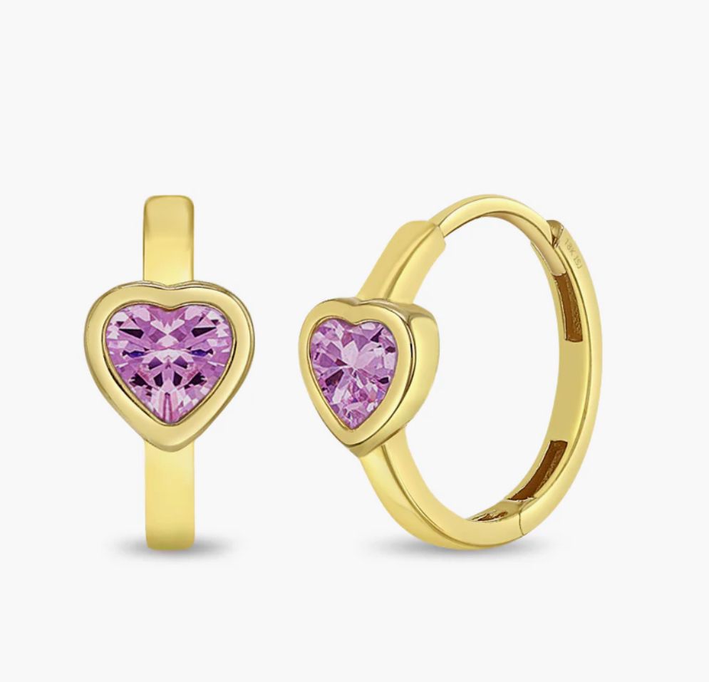 18k Gold Sparkling Heart Hoops Pink
