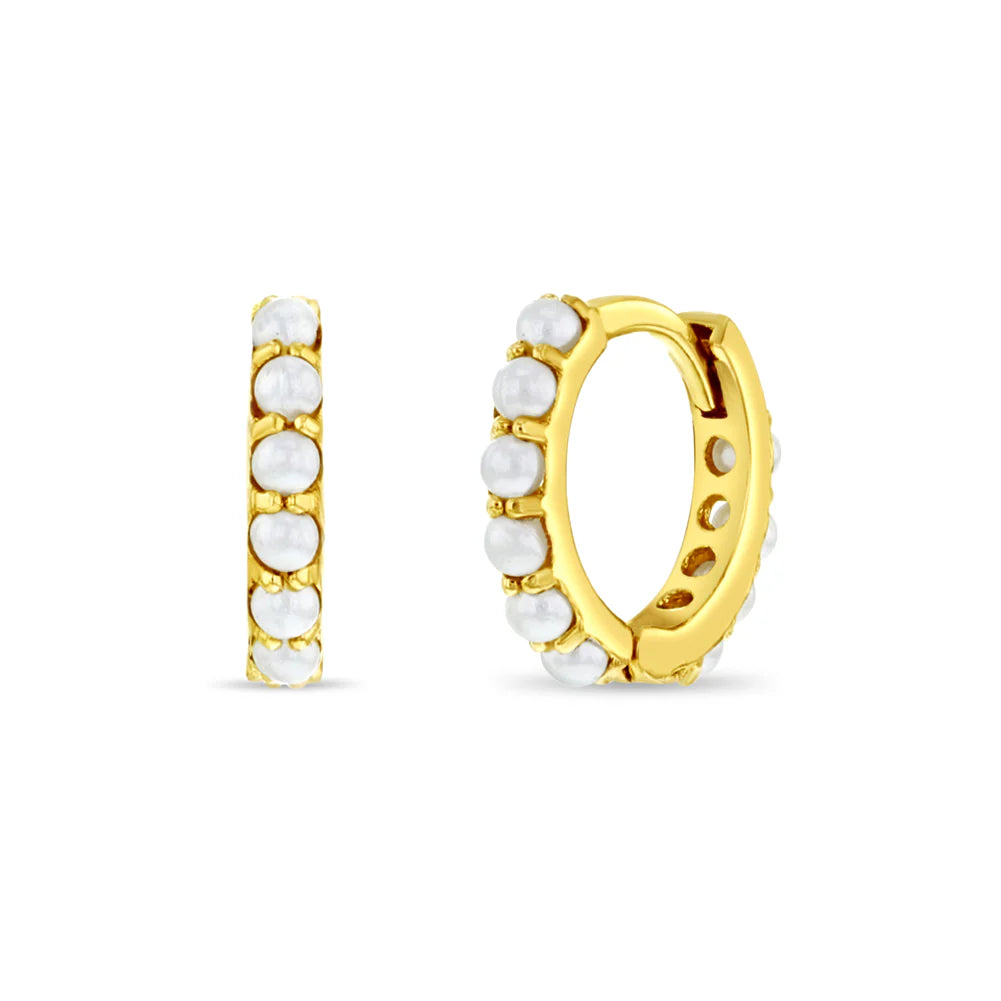14k Gold Tiny Simulated Pearl Huggie Hoops
