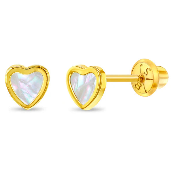 18k Gold Mother of Pearl Heart Earrings