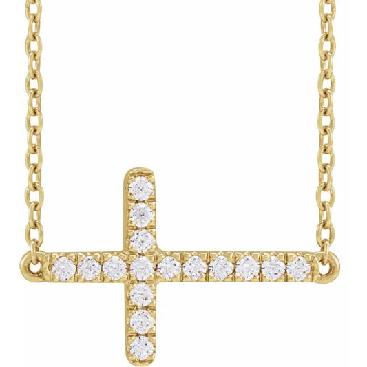 14K Gold  1/6 CTW Natural Diamond Sideways Cross 16-18" Necklace