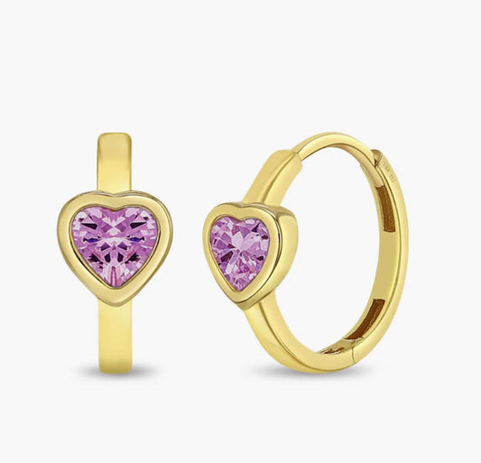 18k Gold Sparkling Heart Hoops Pink