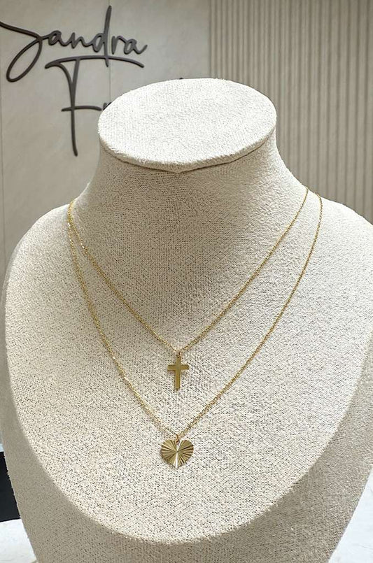 Double Necklace Cross and Heart Gold 18k