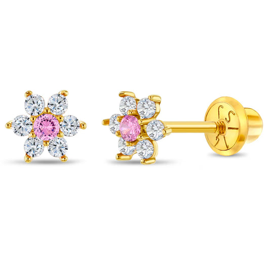 18K Gold Cubic Zirconia Flower Pink
