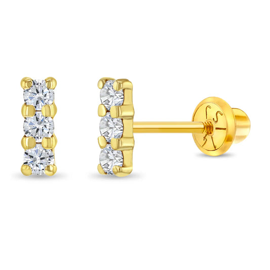 14K Gold Clear CZ Bar Earrings