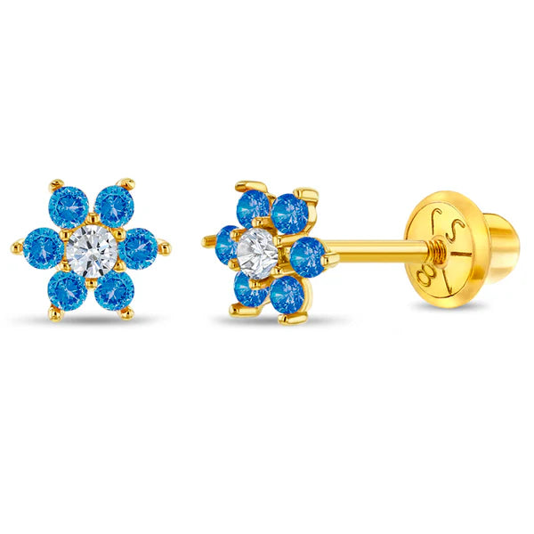 18K Gold Cubic Zirconia Flower Blue Earrings