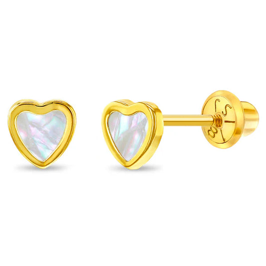 18k Gold Mother of Pearl Heart Earrings