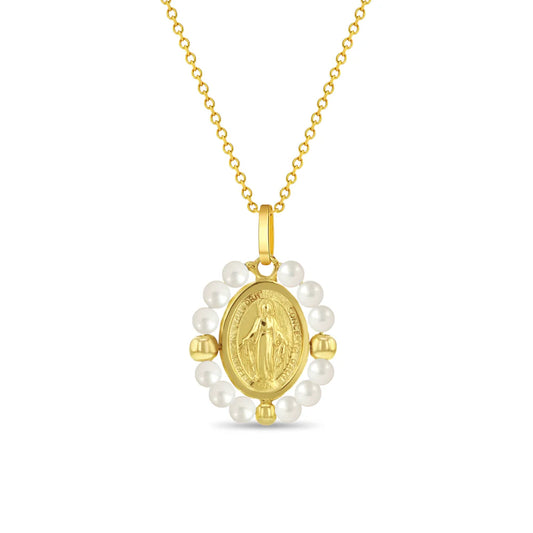 14K Gold Miraculous Virgen Mary Pearl Pendant Necklace