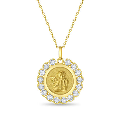 14K Gold Guardian Angel CZ Medal Necklace
